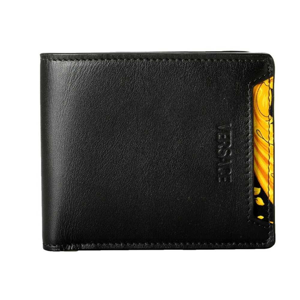 Versace Black & Gold Barocco Print 100% Leather Bifold Wallet